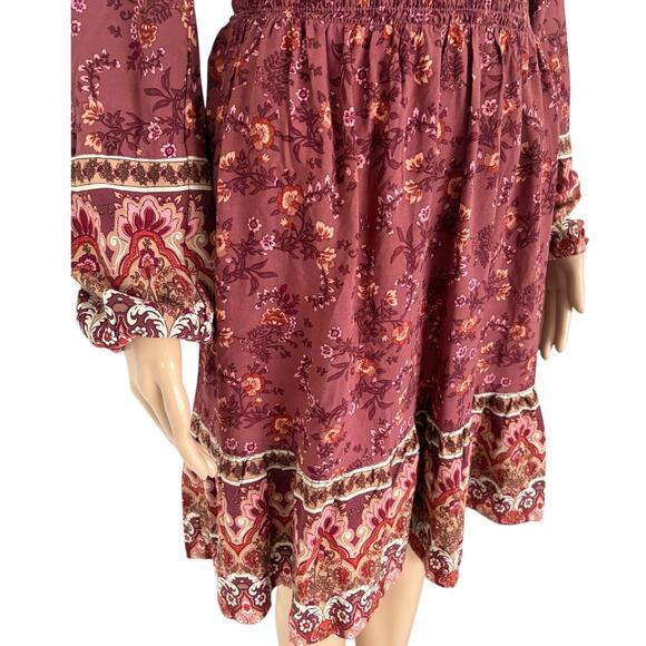 Lucky Brand Boho Floral Paisley Mini Dress M Cottage Western Peasant Smocked Red - Picture 3 of 8